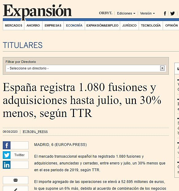 Espaa registra 1.080 fusiones y adquisiciones hasta julio, un 30% menos, segn TTR